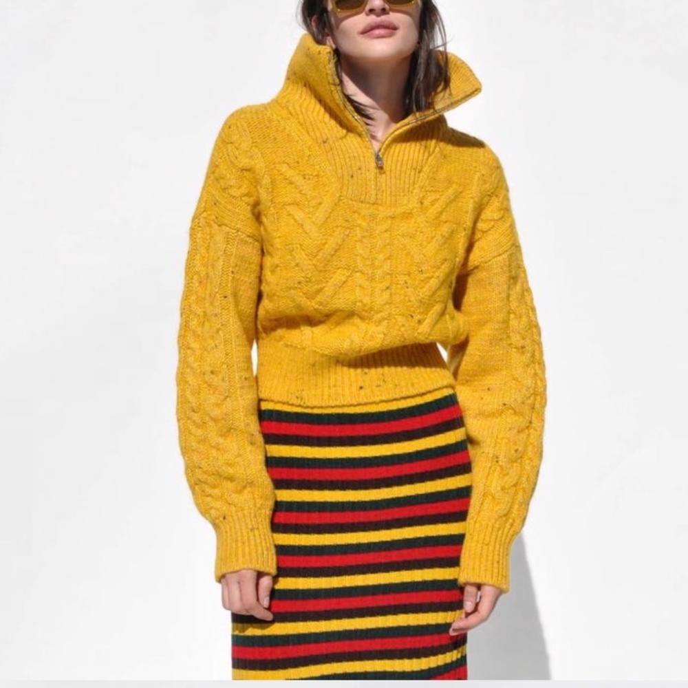 GANNI chunky 1/4 zip golden yellow cable knit sweater wool cotton alpaca